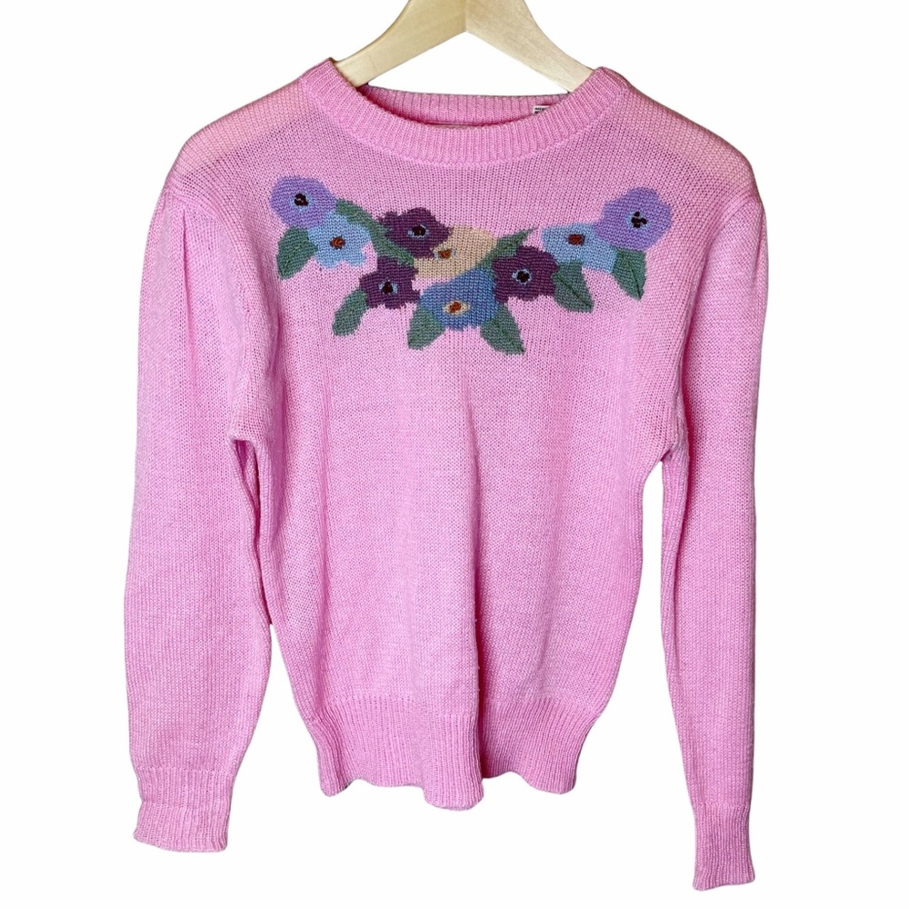 Vintage 70s Bubblegum Pink Floral Puff Shoulder Sweater Size Medium